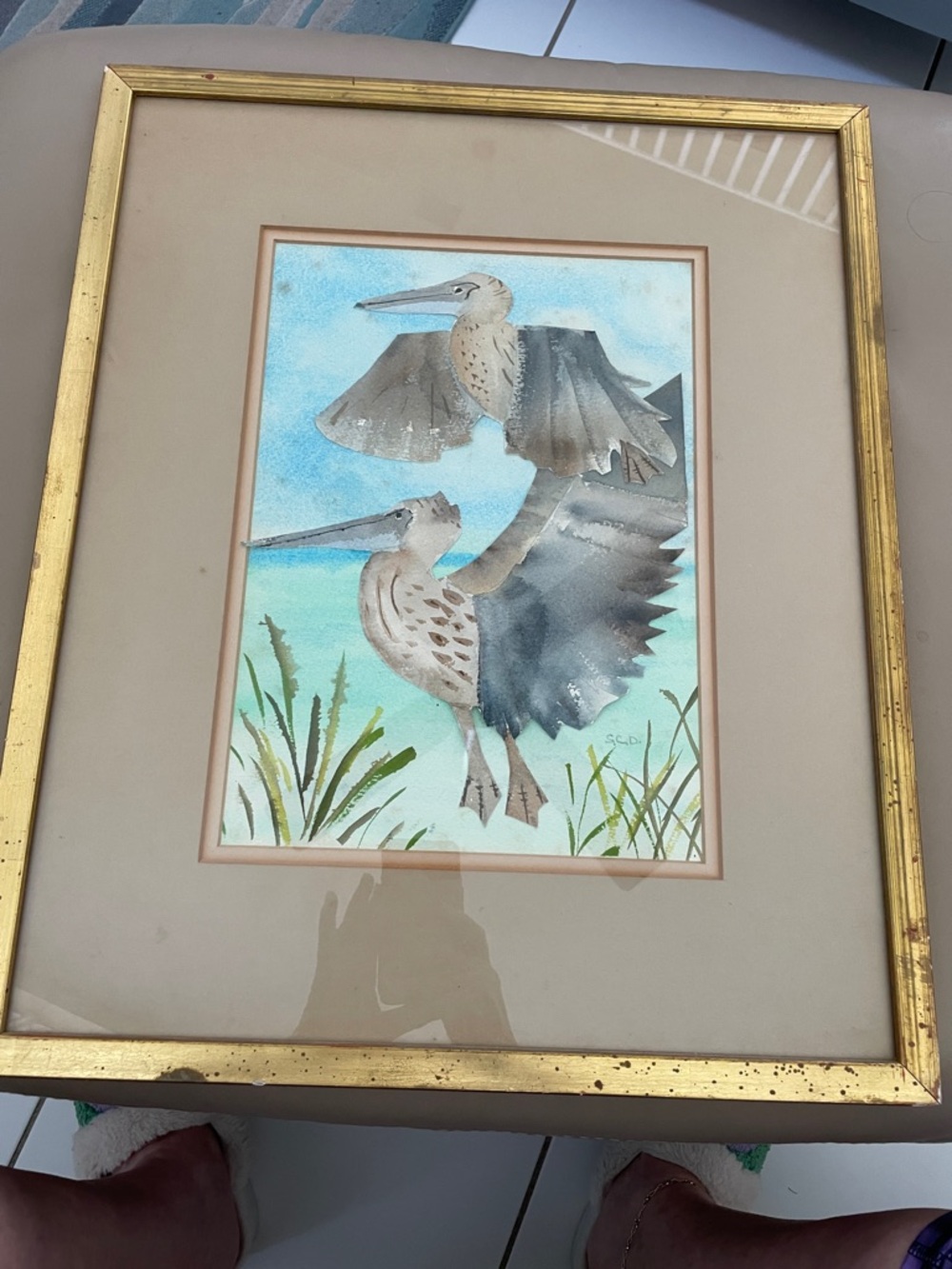 Watercolor Pelicans Beach Print in Gold Frame3d pelicans.Frame some imperfection